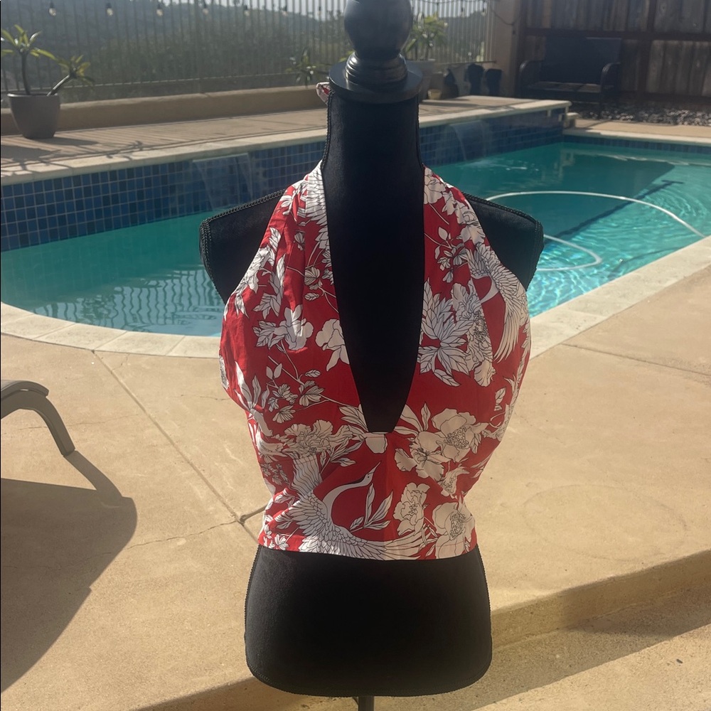 Express Red and White Floral Halter Top